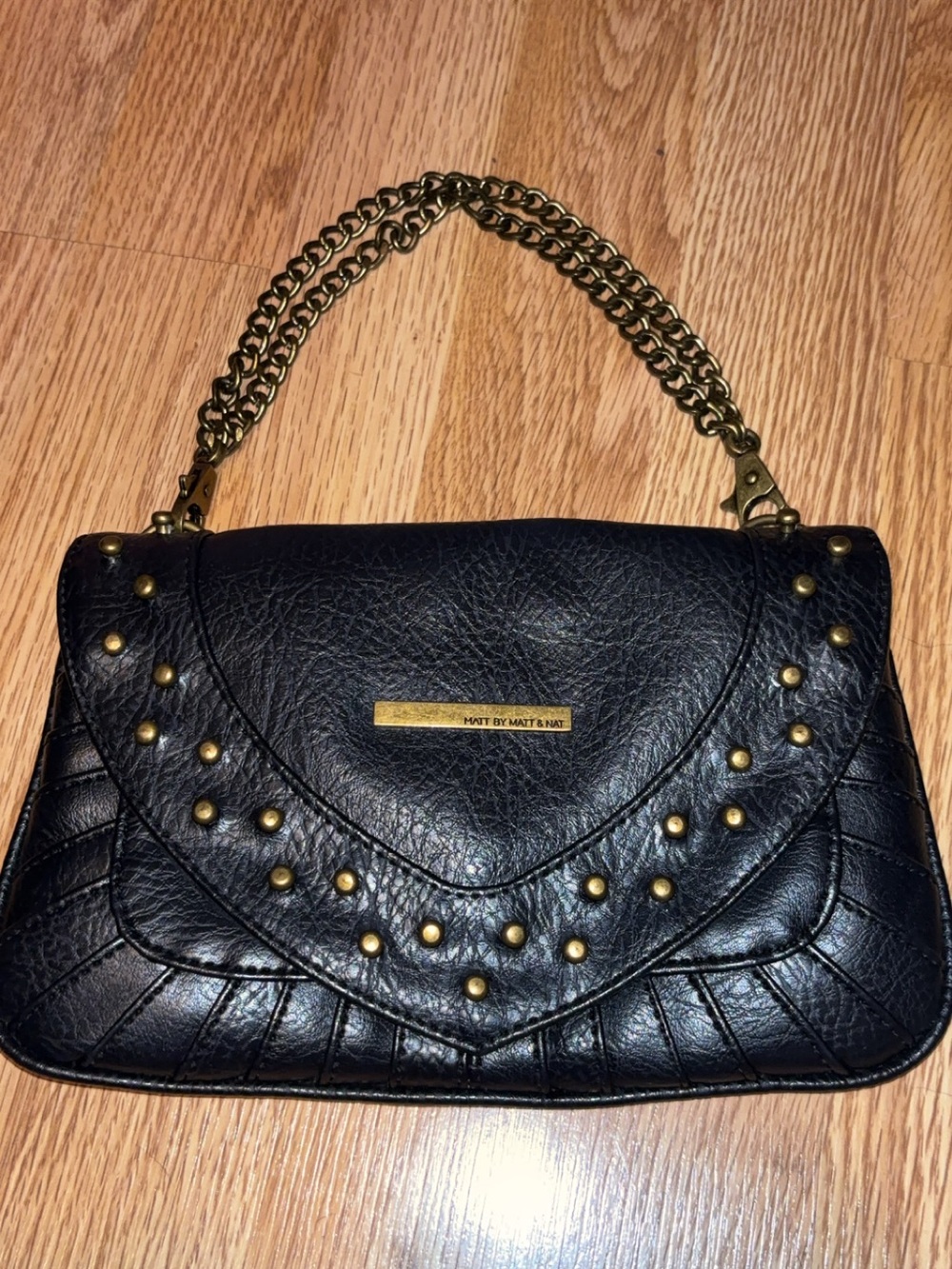 Matt & Nat Black Quilted Shoulder Bag with Gold Studs & Chain